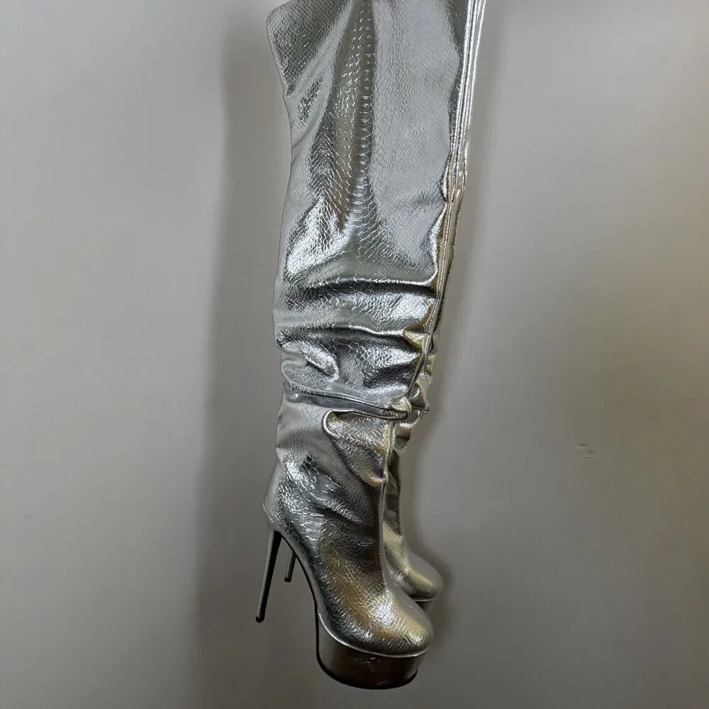 Womens Stiletto Thigh High Boots Slouched High Heel Platform Round Toe Sz 12 42